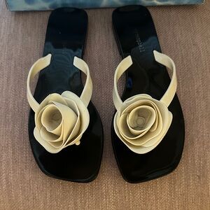 Jeffrey Campbell Black Slide Sandals with Cream Floral Accent